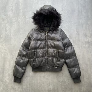 Rocawear Womens Puffer Jacket S Sequin Fur Hood Y2K Cropped Coat